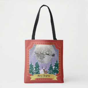 Modern Vintage Christmas Night with Santa Reindeer Tote Bag