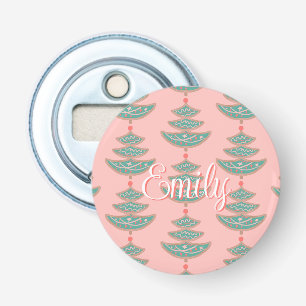 Modern vintage Christmas tree pattern on peach Bottle Opener