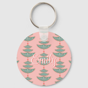 Modern vintage Christmas tree pattern on peach Key Ring