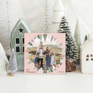 Modern Vintage Christmas Trees Photo PINK Green Holiday Card