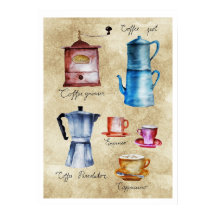 Modern Vintage Coffee Pots Grinder Watercolor Art
