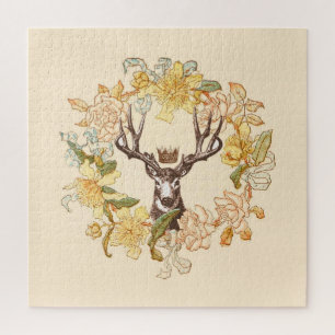 Modern Vintage Deer Rustic Pink Flower Wreath Jigsaw Puzzle