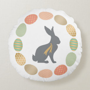 Modern vintage Easter bunny and eggs Round Cushion