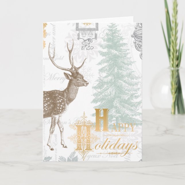 Modern Vintage Elegant winter woodland deer Holiday Card (Front)