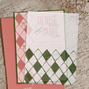 Modern Vintage Emerald Green Cozy Argyle Wedding Vellum Invitations