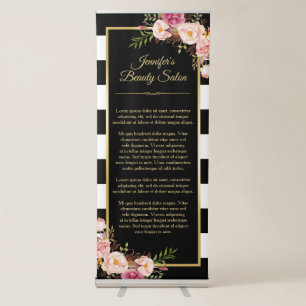 Modern Vintage Floral Black White Stripes Backdrop Retractable Banner