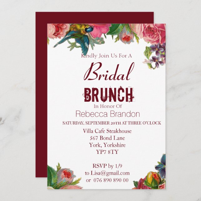 Modern Vintage Floral Burgundy Bridal Brunch Invitation (Front/Back)