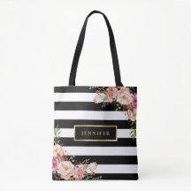 Modern Vintage Floral Classic Black White Stripes