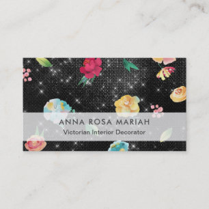 *~* Modern Vintage Floral Pattern Silver Glitter Business Card
