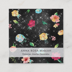 *~* Modern Vintage Floral Pattern Silver Glitter Square Business Card