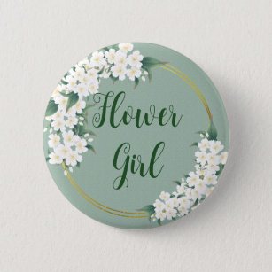 Modern Vintage Floral White on Green Flower Girl 6 Cm Round Badge