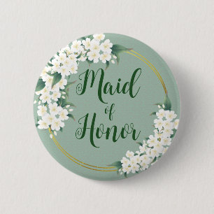 Modern Vintage Floral White on Green Maid of Honou 6 Cm Round Badge