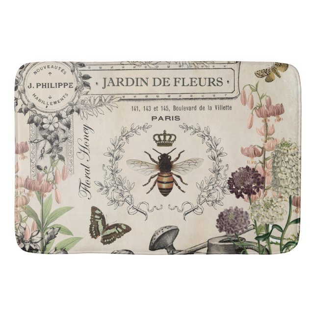 Modern Vintage French Bee garden Bath Mat (Front)