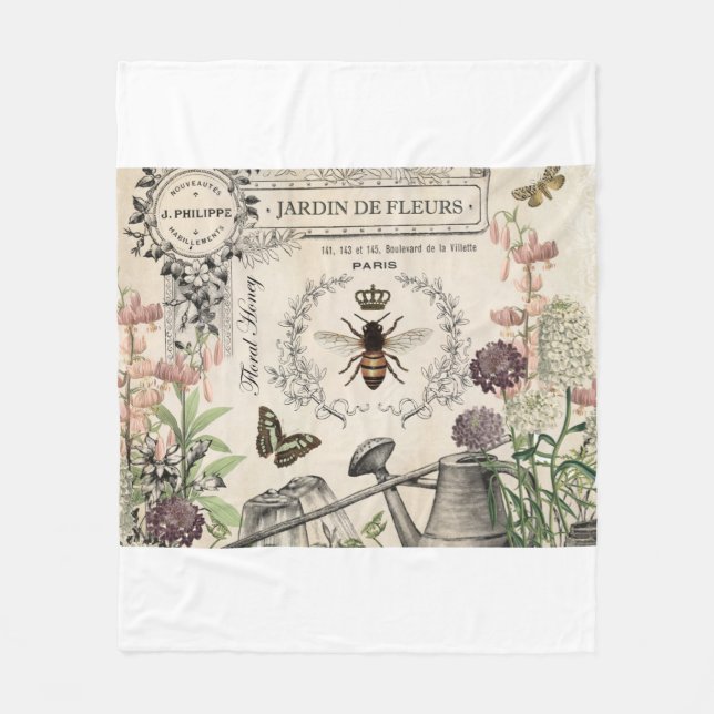 Modern Vintage French Bee garden Fleece Blanket (Front)