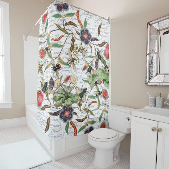 Modern Vintage French Bees & Flowers Shower Curtain (In Situ)