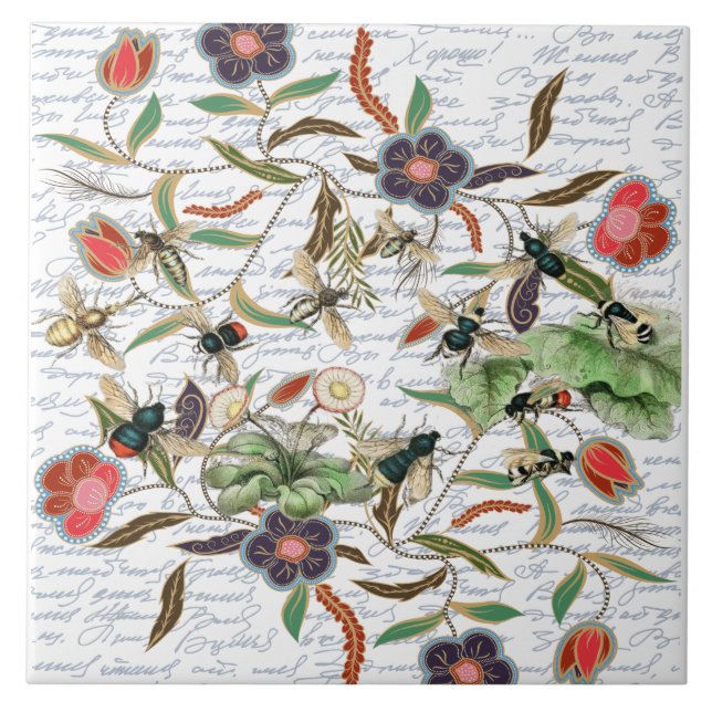 Modern Vintage French Bees & Flowers Tile (Front)
