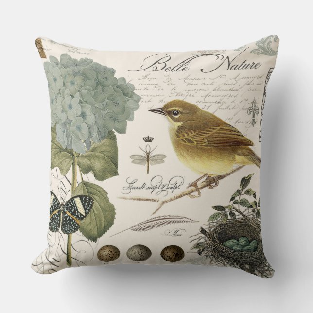 modern vintage French bird and nest Cushion (Front)