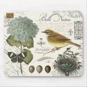 modern vintage French bird and nest Mouse Mat
