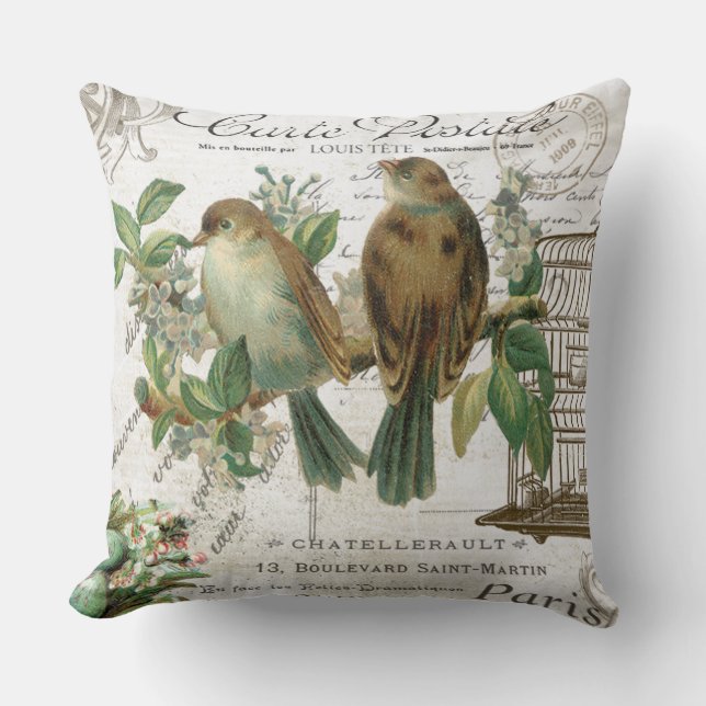 Modern Vintage French birds and birdcage Cushion (Front)