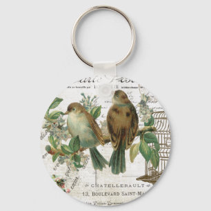 Modern Vintage French birds and birdcage Key Ring