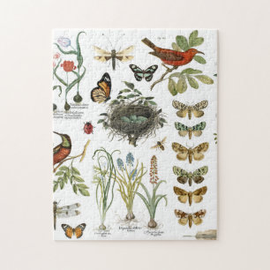 modern vintage french botanical birds and flowers jigsaw puzzle