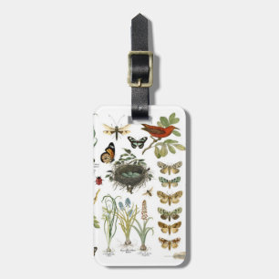 modern vintage french botanical birds and flowers luggage tag