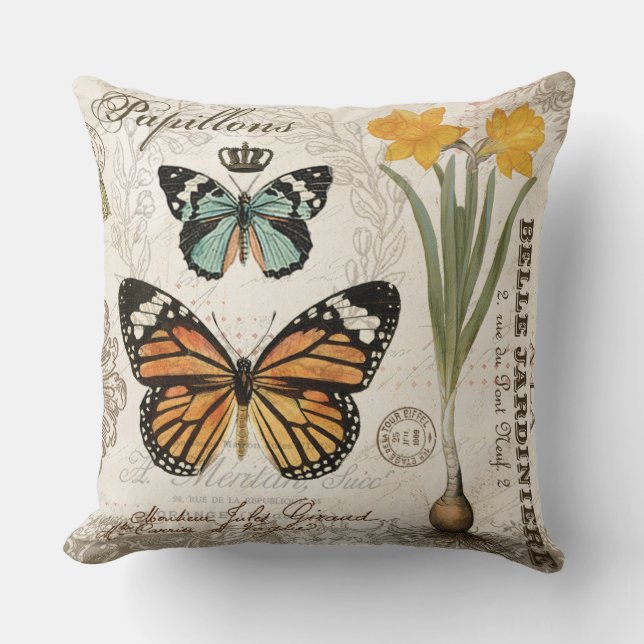 Modern vintage french butterflies cushion (Front)