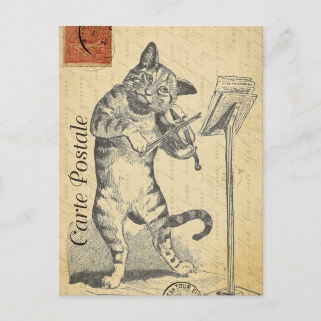 Modern Vintage French Cat Fiddle collage Postcard (Front)