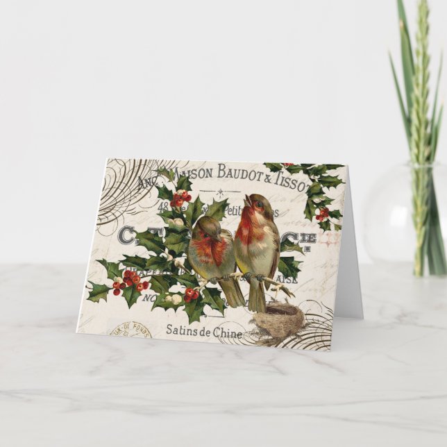 modern vintage French Christmas birds card (Front)