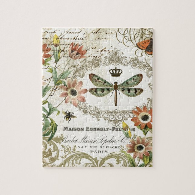 Modern Vintage French Dragonfly Jigsaw Puzzle (Vertical)