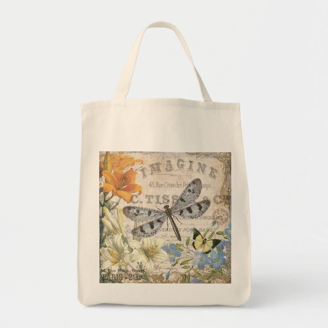 modern vintage french dragonfly tote bag (Front)