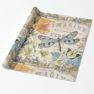 modern vintage french dragonfly wrapping paper