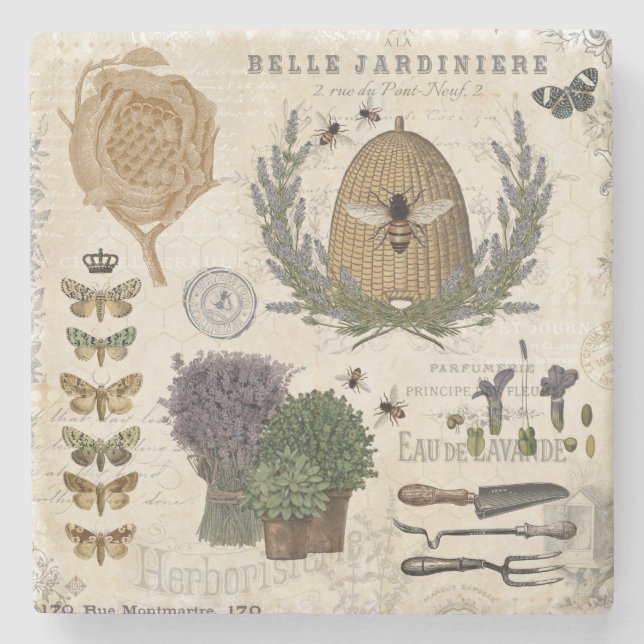 Modern vintage french farmhouse bee stone coaster (Front)