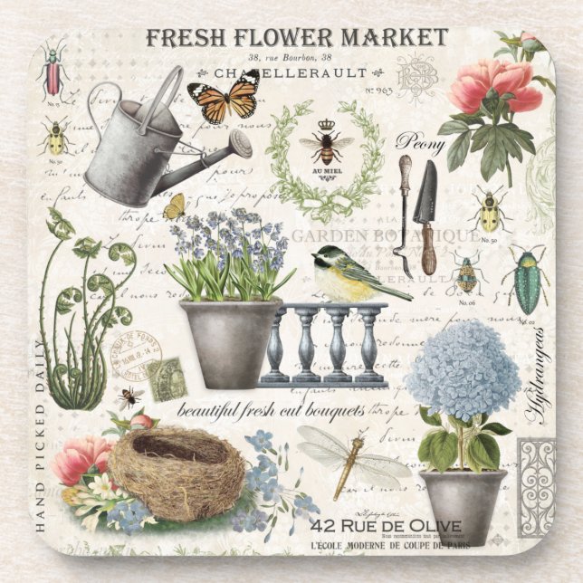 Modern Vintage french farmhouse flower garden Coaster (Front)