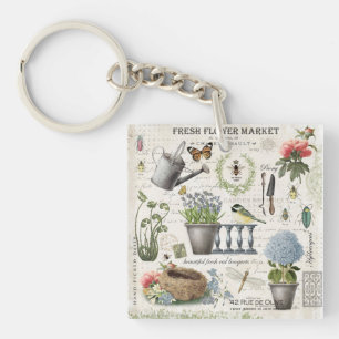Modern Vintage french farmhouse flower garden Key Ring