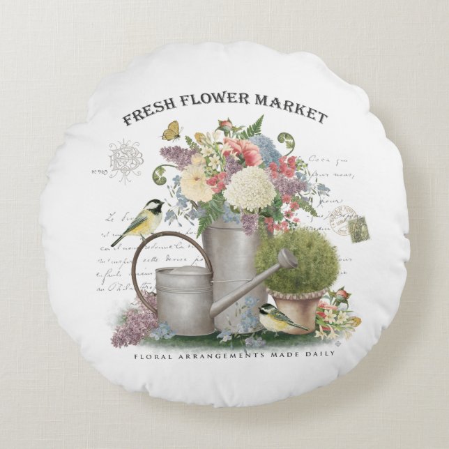 Modern Vintage french farmhouse flower garden Round Cushion (Front)