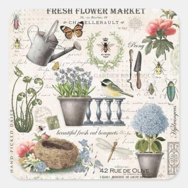 Modern Vintage french farmhouse flower garden Square Sticker (Front)