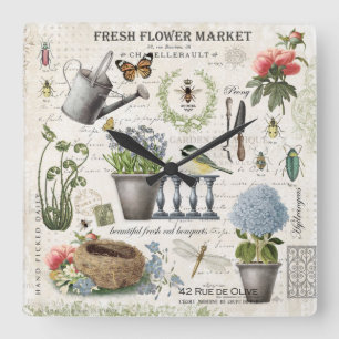 Modern Vintage French farmhouse flower garden Square Wall Clock