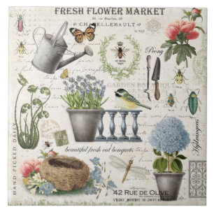 Modern Vintage french farmhouse flower garden Tile