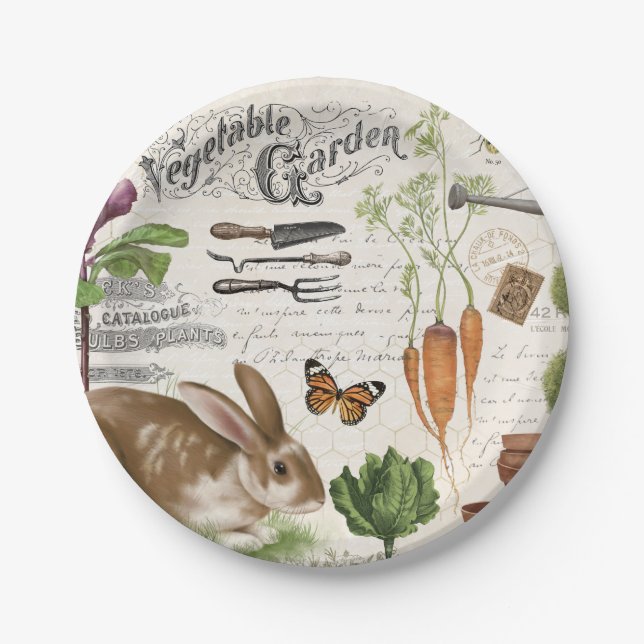 Modern Vintage French Farmhouse Garden Rabbit Paper Plate (Front)