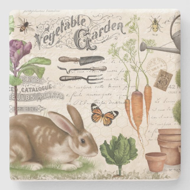Modern Vintage French Farmhouse Garden Rabbit Stone Coaster (Front)
