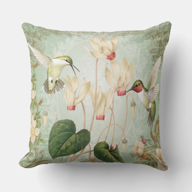 Modern Vintage French Hummingbirds Cushion (Front)