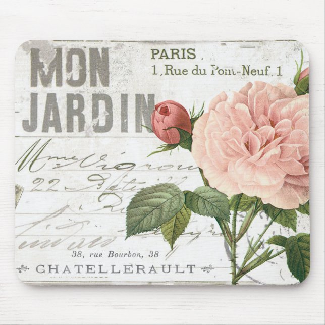 modern vintage french rose postcard mouse mat (Front)