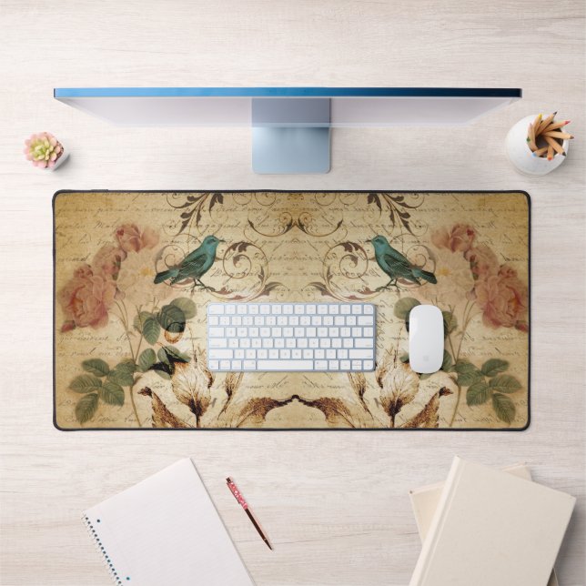 Modern Vintage french  Scripts bird botanical Desk Mat (Office 1)