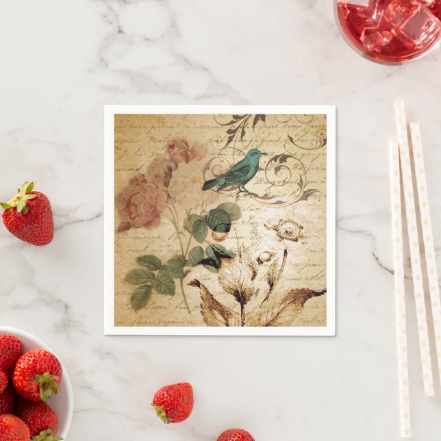 Modern Vintage french  Scripts bird botanical Napkin (Insitu)