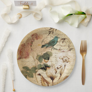 Modern Vintage french Scripts bird botanical Paper Plate