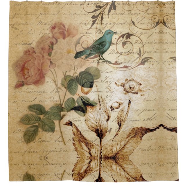 Modern Vintage french  Scripts bird botanical Shower Curtain (Front)