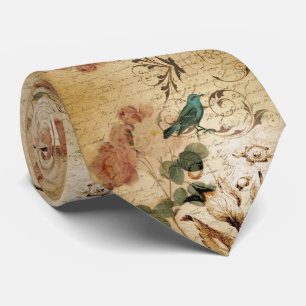 Modern Vintage french Scripts bird botanical Tie