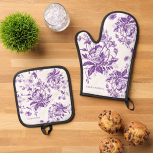Modern Vintage French Toile Purple Floral  Oven Mitt & Pot Holder Set
