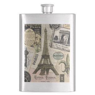 Modern Vintage French travel collage Hip Flask